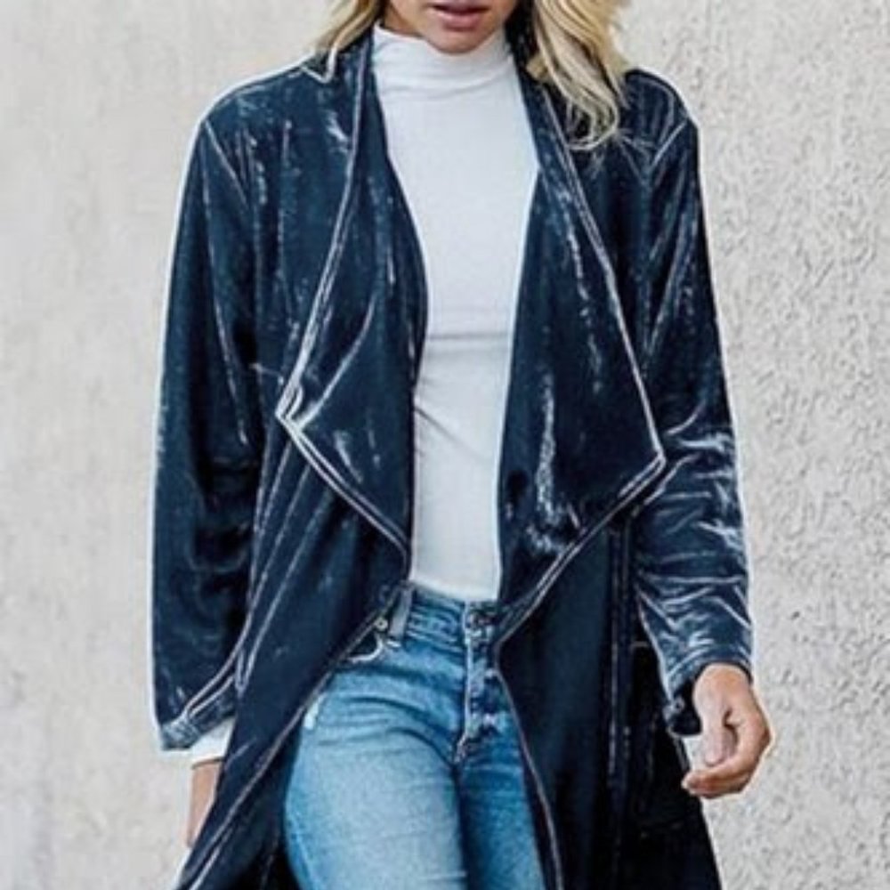 BLUE Velvet Long Sleeve Coat Blazer L Size